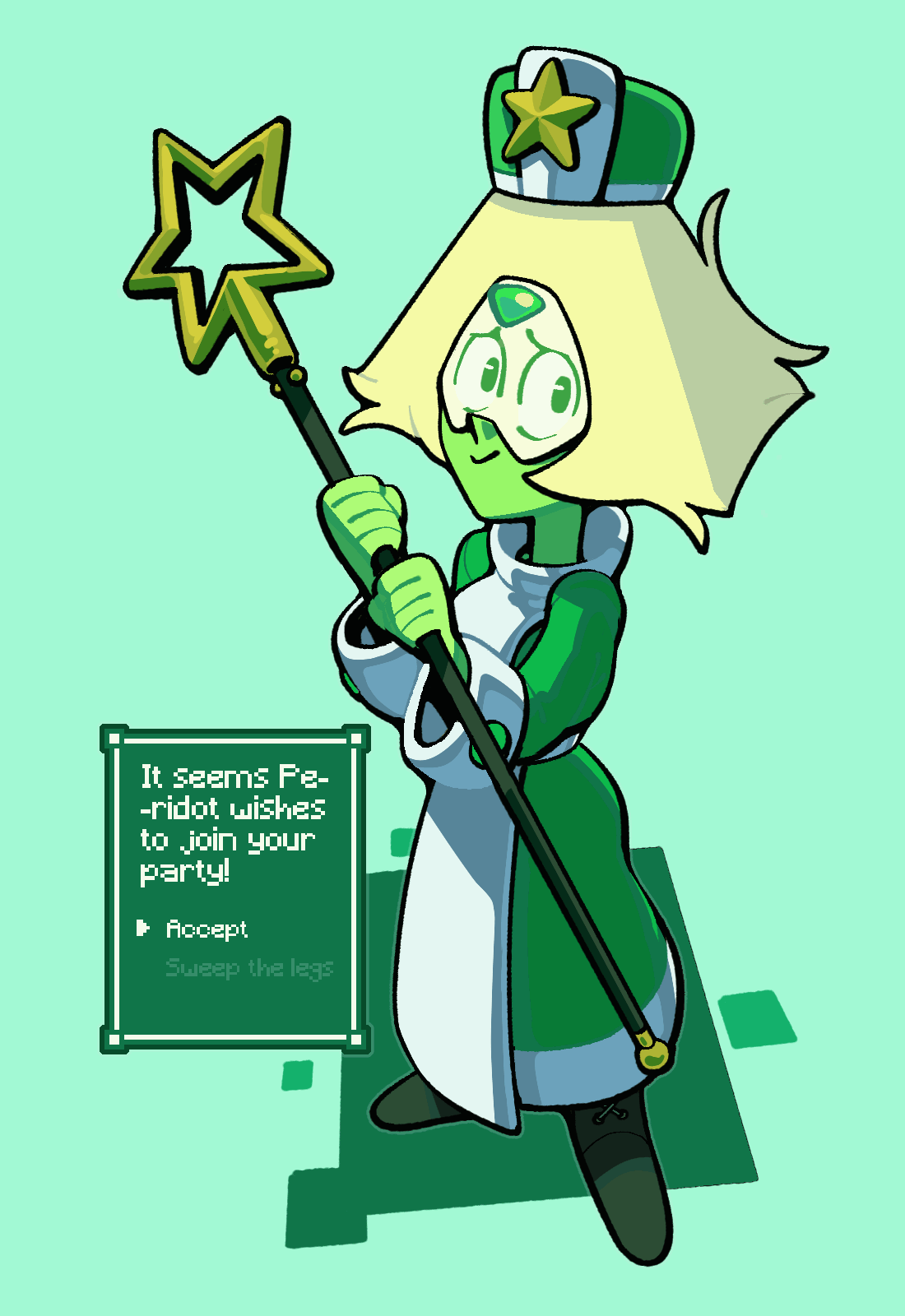 discount-supervillain, peridot (steven universe), steven universe, animated, animated gif, highres, 1girl, alien, alternate costume, blonde hair, colored skin, forehead jewel, full body, gem, green skin, hat, holding, holding staff, short hair, smile, solo, staff, standing, star (symbol)
