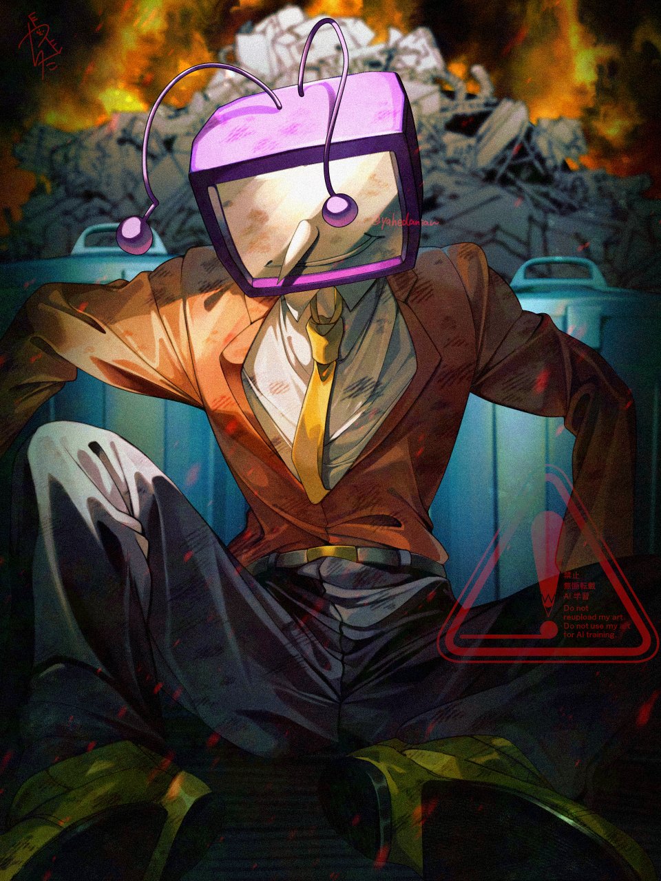 yahedanian, ant tenna, deltarune, utdr (toby fox), highres, 1boy, belt, black pants, collared shirt, crt, dirty, dirty clothes, dirty face, jacket, long nose, male focus, necktie, object head, pants, pile of trash, pointy nose, radio antenna, red jacket, shirt, shoes, signature, sitting, smile, solo, trash can, twitter username, white shirt, yellow necktie, yellow shoes