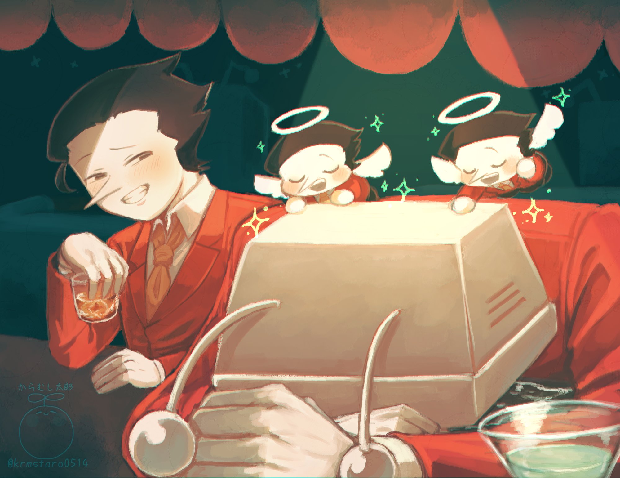 ant tenna, spamton g. spamton, spamton g. spamton (big shot), deltarune, utdr (toby fox), highres, 4boys, angel wings, black eyes, black hair, blush, colored skin, crt, cup, drinking glass, elbow on table, gloves, halo, head on table, holding, holding cup, jacket, krmstaro0514, long nose, looking at another, multiple boys, object head, pointy nose, radio antenna, red jacket, shirt, short hair, sparkle, twitter username, white gloves, white shirt, white skin, wings