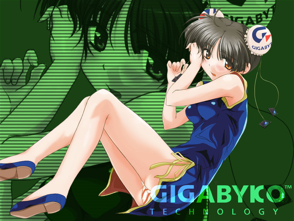 gigabyko, ram, os-tan, 1girl, black hair, blush, breasts, brown eyes, bun cover, china dress, chinese clothes, double bun, dress, female focus, hair bun, legs, logo, looking at viewer, open mouth, orange eyes, panties, pantyshot, ram (computer), shoes, solo, striped clothes, striped panties, underwear, watermark, zoom layer