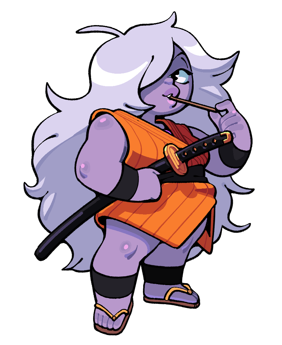discount-supervillain, amethyst (steven universe), yajirobe, dragon ball, steven universe, 1girl, breasts, colored skin, cosplay, feet, flip-flops, grey hair, hair over one eye, katana, long hair, plump, purple skin, sandals, shortstack, smile, sword, thick arms, thick lips, toes, weapon, yajirobe (cosplay)