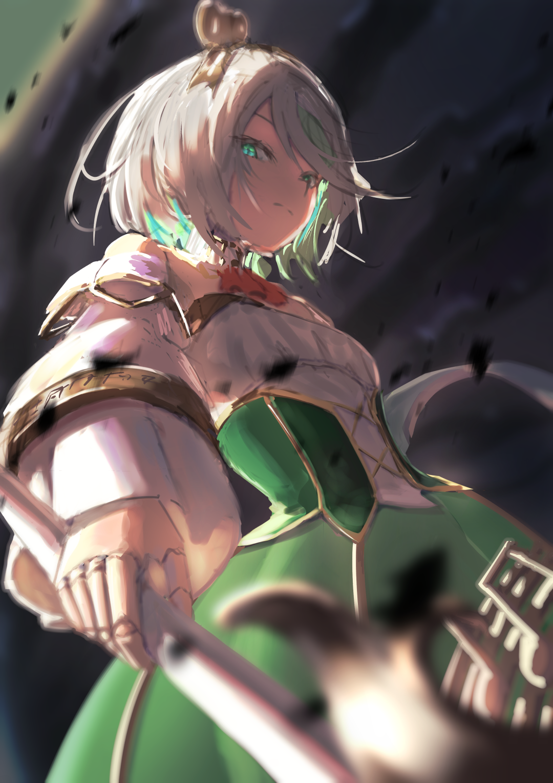 varsien, cecilia immergreen, cecilia immergreen (1st costume), hololive, hololive english, highres, 1girl, ascot, corset, from below, gradient hair, green corset, green eyes, green hair, green skirt, grey hair, holding, holding polearm, holding weapon, multicolored hair, polearm, red ascot, romper, skirt, solo, strapless romper, virtual youtuber, weapon, white romper, winding key
