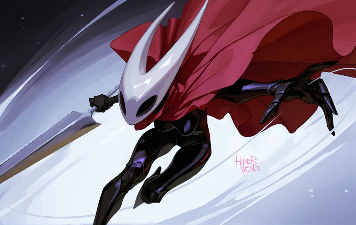 hornet (hollow knight), hollow knight, hollow knight: silksong, 1girl, arthropod girl, black eyes, breasts, cape, cloak, full body, holding, holding weapon, hollow eyes, horned mask, horns, hypervoidsfw, mask, needle (hollow knight), red cloak, simple background, solo, weapon