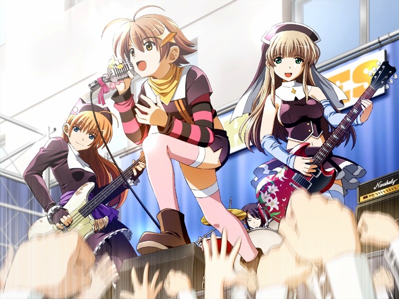 katakura shinji, isurugi chie, kashiwara sarina, maejima shikako, maejima shikanosuke, shiino kirari, gibson, gibson sg, kira kira, striped, game cg, 1boy, 3girls, ahoge, antenna hair, arm warmers, band (music), bass guitar, blonde hair, blue eyes, brown hair, concert, cosplay, crossdressing, drum, drum set, electric guitar, green eyes, guitar, instrument, microphone, midriff, motion blur, multiple girls, music, singing, thighhighs, trap