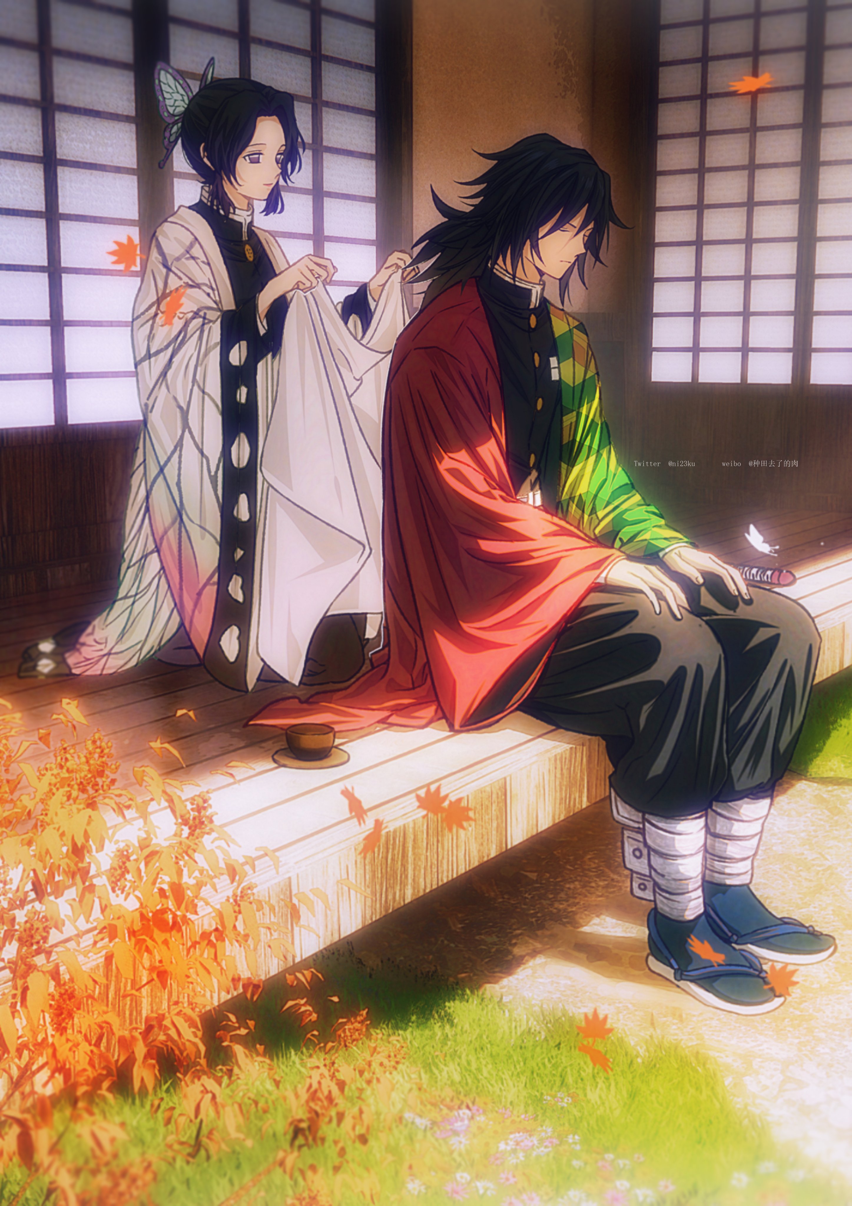 niku (ni23ku), kochou shinobu, tomioka giyuu, kimetsu no yaiba, absurdres, highres, 1boy, 1girl, black hair, black jacket, black pants, butterfly hair ornament, buttons, closed eyes, closed mouth, demon slayer uniform, gold buttons, hair ornament, haori, jacket, japanese clothes, kikkoumon, long hair, low ponytail, outdoors, pants, ponytail, print haori, purple hair, sitting, spiked hair, white haori