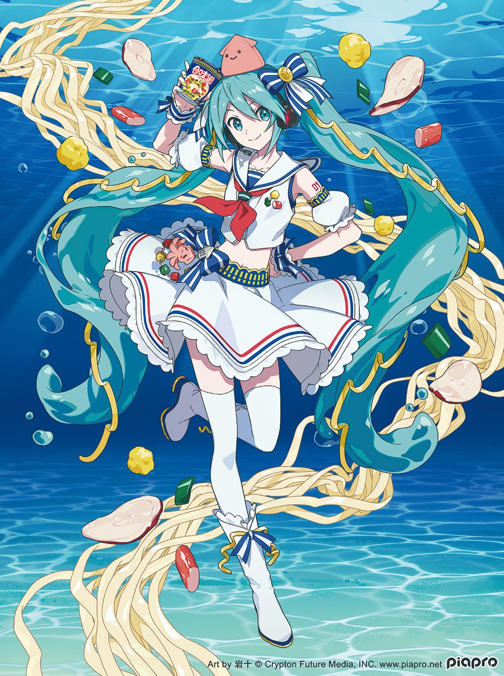 iwato1712, hatsune miku, nissin, vocaloid, commentary request, highres, official art, 1girl, aqua eyes, aqua hair, arm tattoo, boots, bow, caustics, closed mouth, copyright notice, cropped shirt, cup ramen, food, hair bow, hand on own hip, leg up, long hair, looking at viewer, neckerchief, nissin cup noodle, number tattoo, red neckerchief, sailor collar, sailor shirt, shirt, solo, squid, striped bow, tattoo, thighhighs, twintails, underwater, very long hair, white boots, white shirt, white thighhighs, zettai ryouiki