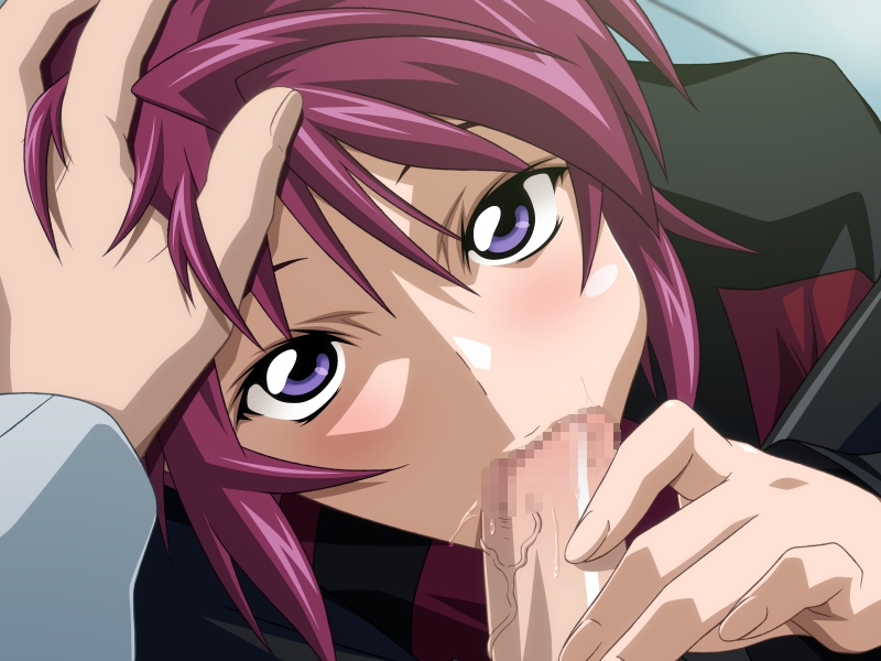 takapiko, lunamaria hawke, gundam, gundam seed, gundam seed destiny, soul foundation, 00s, 1girl, blue eyes, blush, censored, cheek bulge, fellatio, from above, hand on another's head, looking at viewer, military, military uniform, oral, penis, pov, purple eyes, purple hair, red hair, short hair, solo focus