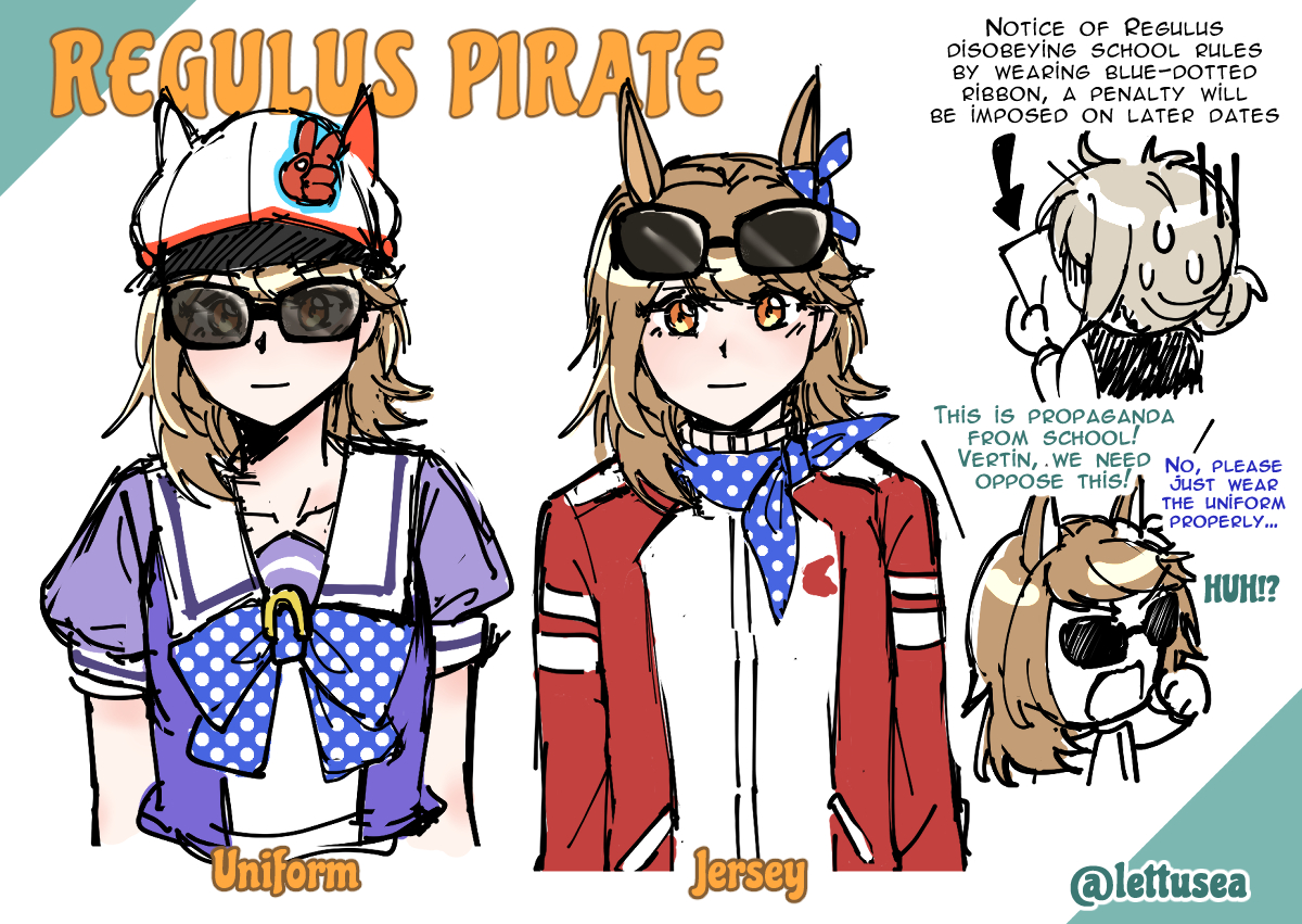 regulus (reverse:1999), reverse:1999, umamusume, 2girls, alternate universe, animal ears, blue bow, blue bowtie, bow, bowtie, brown hair, chibi, chibi inset, english text, eyewear on head, grey hair, hair bun, hat, holding, holding paper, horse ears, horse girl, jacket, kemonomimi mode, lettuce (lettusea), looking at viewer, multiple girls, multiple views, newsboy cap, orange eyes, paper, polka dot, polka dot bow, polka dot bowtie, puffy short sleeves, puffy sleeves, purple shirt, red jacket, sailor collar, school uniform, shirt, short hair, short sleeves, single side bun, smile, sunglasses, sweat, tracen school uniform, tracen training uniform, track jacket, twitter username, upper body, white sailor collar