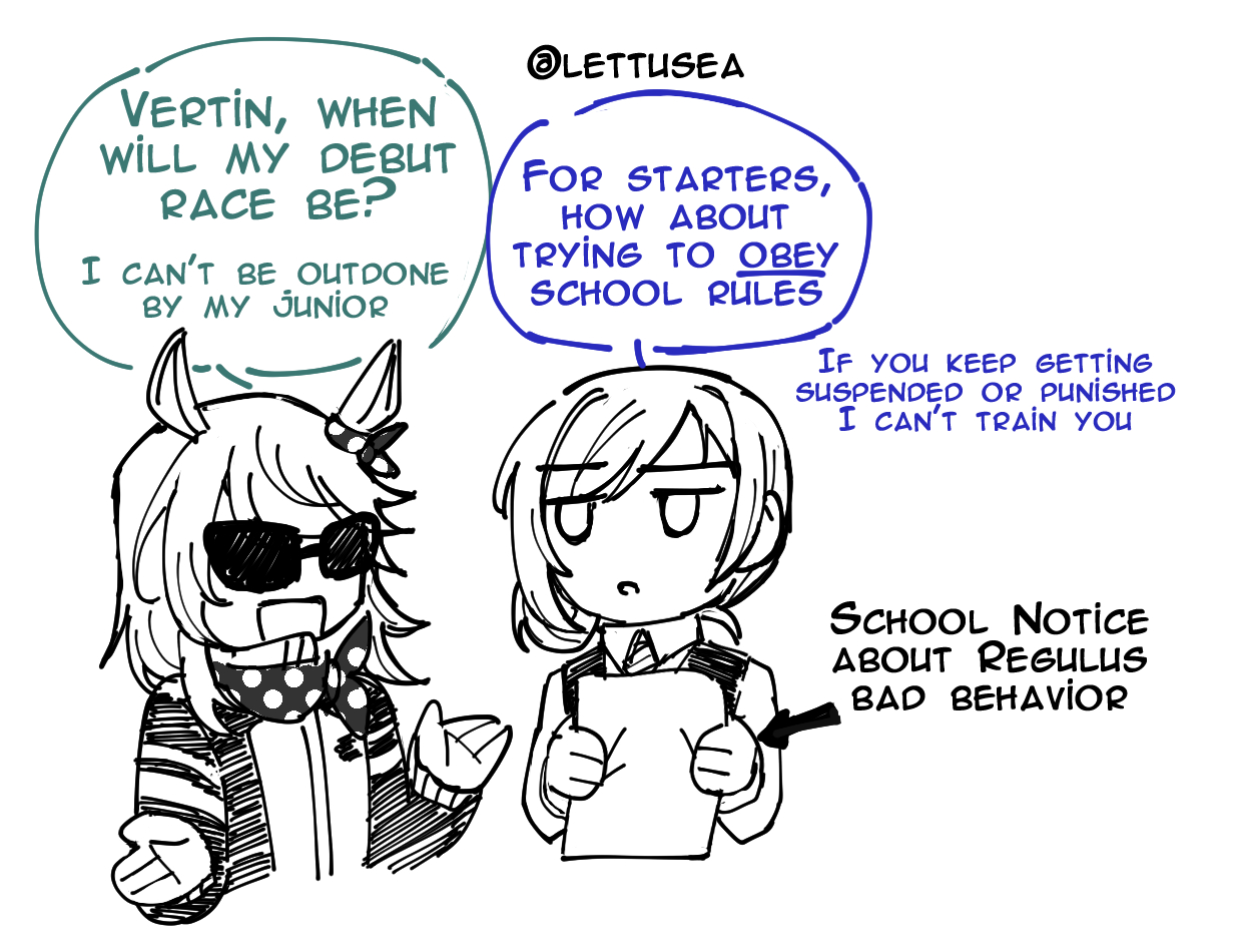 regulus (reverse:1999), reverse:1999, umamusume, 2girls, alternate universe, animal ears, collared shirt, english text, greyscale, hair bun, hands up, horse ears, horse girl, jacket, kemonomimi mode, lettuce (lettusea), looking at another, looking to the side, monochrome, multiple girls, open mouth, paper, polka dot neckerchief, shirt, short hair, single side bun, speech bubble, spot color, sunglasses, tracen training uniform, track jacket, twitter username, upper body, vest, waistcoat