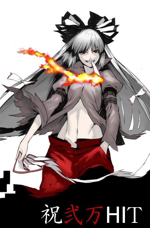 onigunsou, fujiwara no mokou, touhou, silver hair, 1girl, bow, card, female focus, fire, grin, hair bow, hair ribbon, hand in pocket, long hair, midriff, mouth hold, navel, ofuda, red eyes, ribbon, simple background, smile, solo