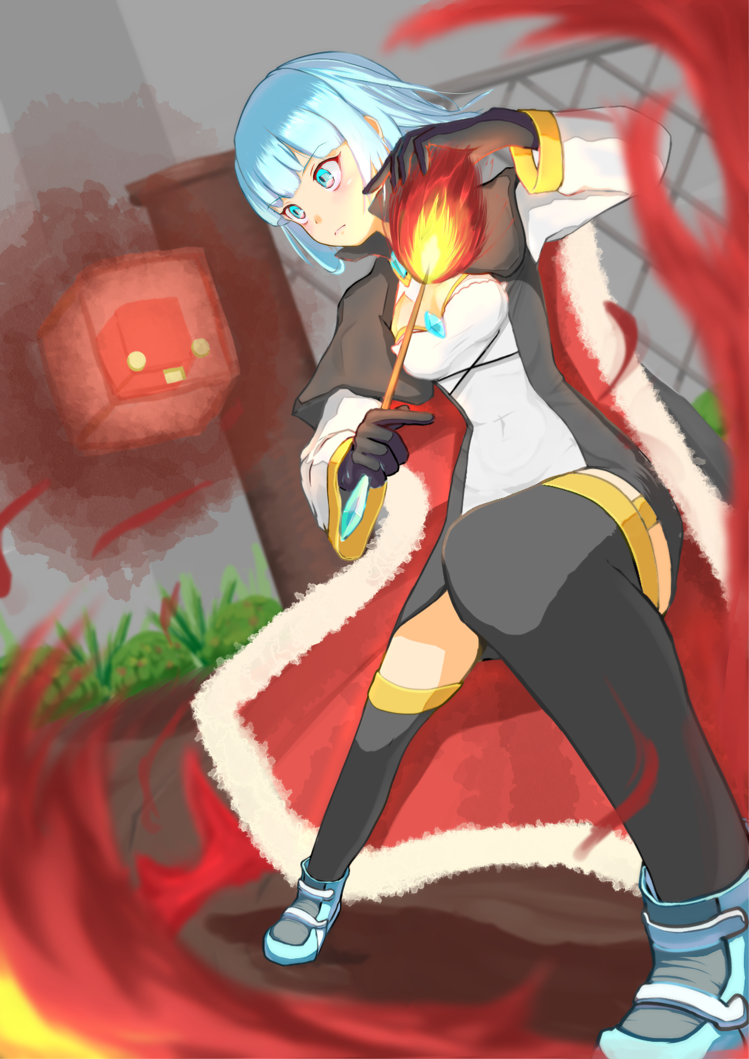 red pepper (ragnarok online), warlock (ragnarok online), ragnarok online, absurdres, commentary request, highres, 1girl, black cape, black dress, black gloves, black thighhighs, blue boots, blue brooch, blue eyes, blue gemstone, blue hair, boots, breasts, cape, closed mouth, dress, fire, fur-trimmed cape, fur trim, gem, gloves, grass, hinatitayu, holding, holding wand, in-universe location, long sleeves, looking afar, medium breasts, official alternate costume, outdoors, red cape, short hair, solo, thighhighs, two-sided cape, two-sided fabric, two-tone dress, wand, white dress
