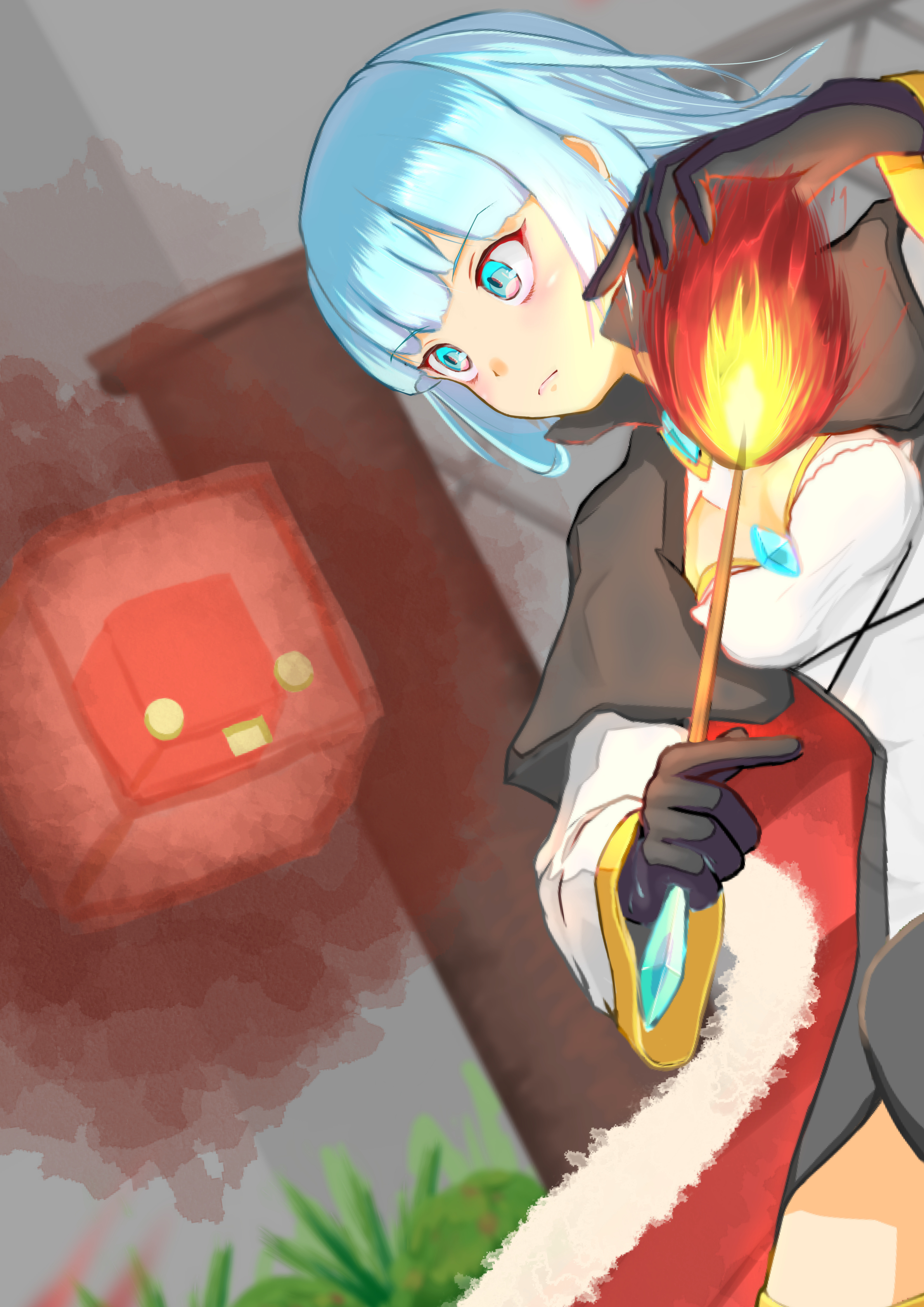red pepper (ragnarok online), warlock (ragnarok online), ragnarok online, absurdres, commentary request, highres, 1girl, black cape, black dress, black gloves, blue brooch, blue eyes, blue gemstone, blue hair, breasts, cape, closed mouth, dress, fire, fur-trimmed cape, fur trim, gem, gloves, grass, hinatitayu, holding, holding wand, in-universe location, long sleeves, looking afar, medium breasts, official alternate costume, outdoors, red cape, short hair, solo, two-sided cape, two-sided fabric, two-tone dress, wand, white dress