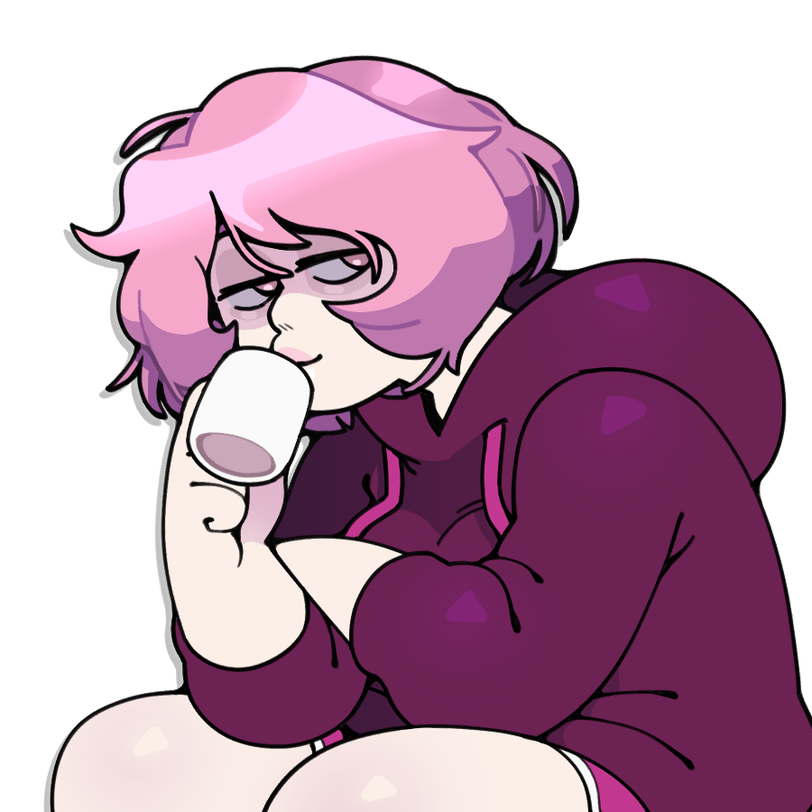 discount-supervillain, rose quartz universe, steven universe, 1girl, alternate costume, alternate hair length, alternate hairstyle, breasts, casual, coffee mug, cup, drinking, holding, holding cup, hood, hoodie, lips, mug, pale skin, pink hair, rose quartz (species) (steven universe), short hair, smile, solo