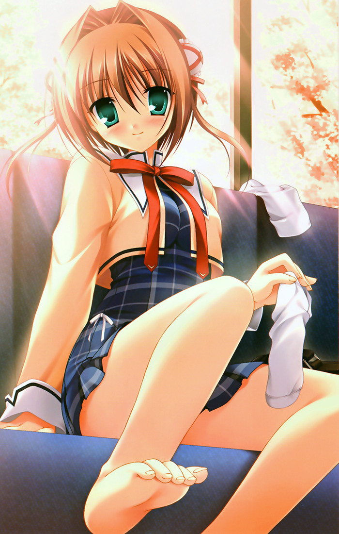 tanihara natsuki, asakura yume, da capo, da capo ii, 00s, 1girl, barefoot, blush, brown hair, bun cover, double bun, feet, female focus, green eyes, hair bun, hair intakes, school uniform, serafuku, socks, soles, solo, toes