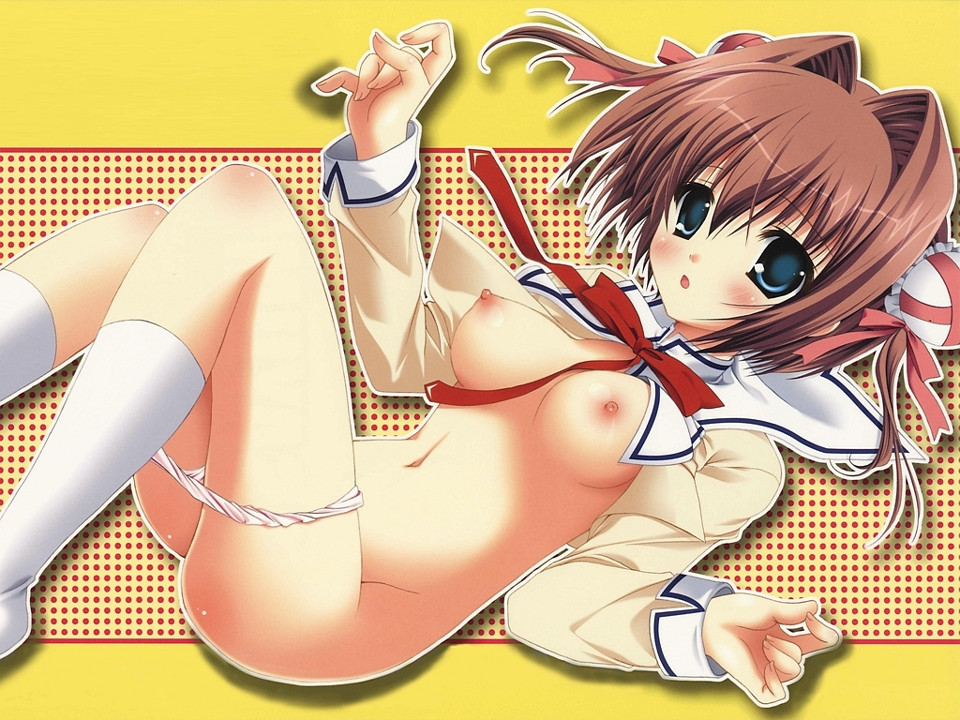 asakura yume, da capo, da capo ii, 00s, 1girl, blue eyes, blush, breasts, brown hair, bun cover, double bun, female focus, hair bun, medium breasts, nipples, panties, panty pull, school uniform, serafuku, socks, solo, underwear