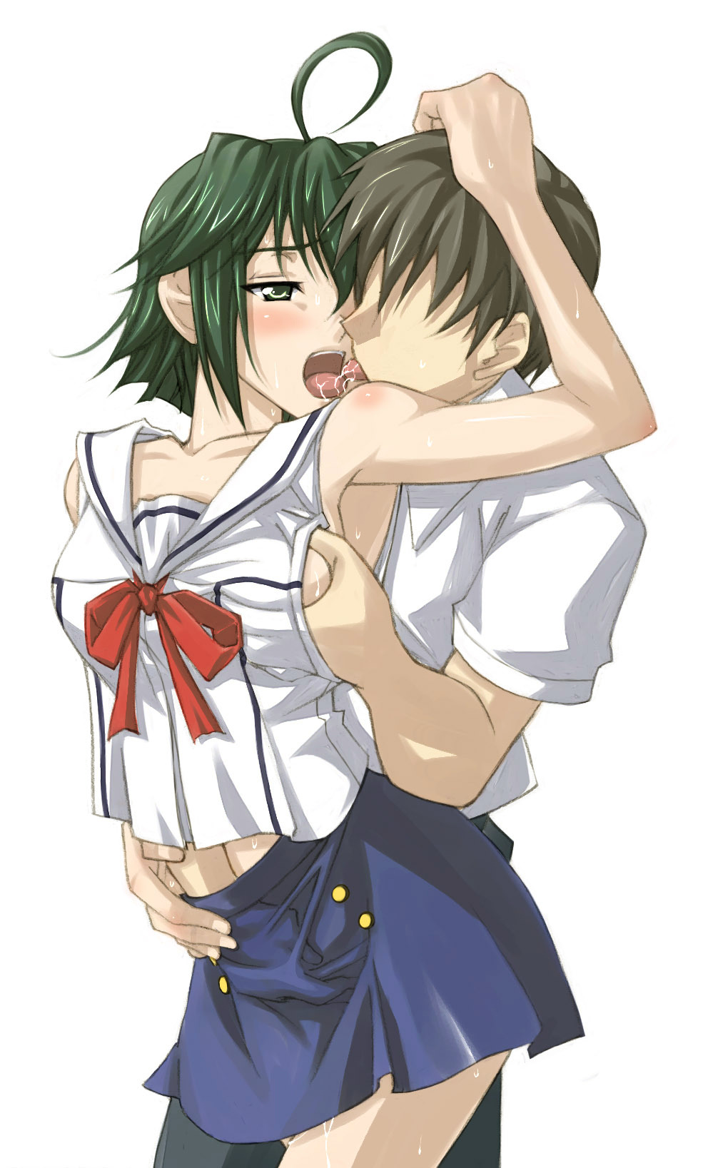 asakura jun'ichi, mizukoshi mako, da capo, da capo i, highres, 00s, 1boy, 1girl, ahoge, blue skirt, breasts, faceless, faceless male, french kiss, grabbing another's breast, green eyes, green hair, groping, hand under clothes, hand under shirt, hetero, kiss, saliva, school uniform, serafuku, shirt, simple background, skirt, sweat, tongue, white background