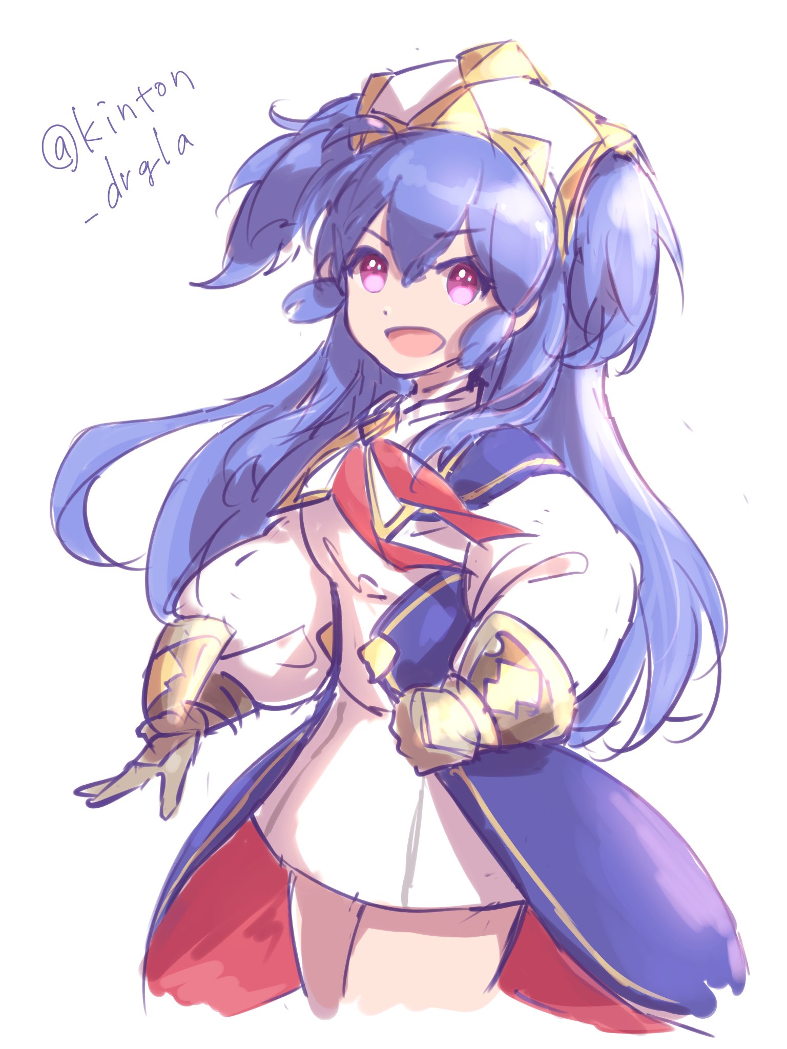 kinton drgla, estelle (dragalia lost), dragalia lost, highres, 1girl, :d, blue hair, clenched hand, dress, hair between eyes, long hair, looking at viewer, neckerchief, one-hour drawing challenge, open mouth, puffy sleeves, red eyes, red neckerchief, smile, solo, twitter username, very long hair, white background, white dress