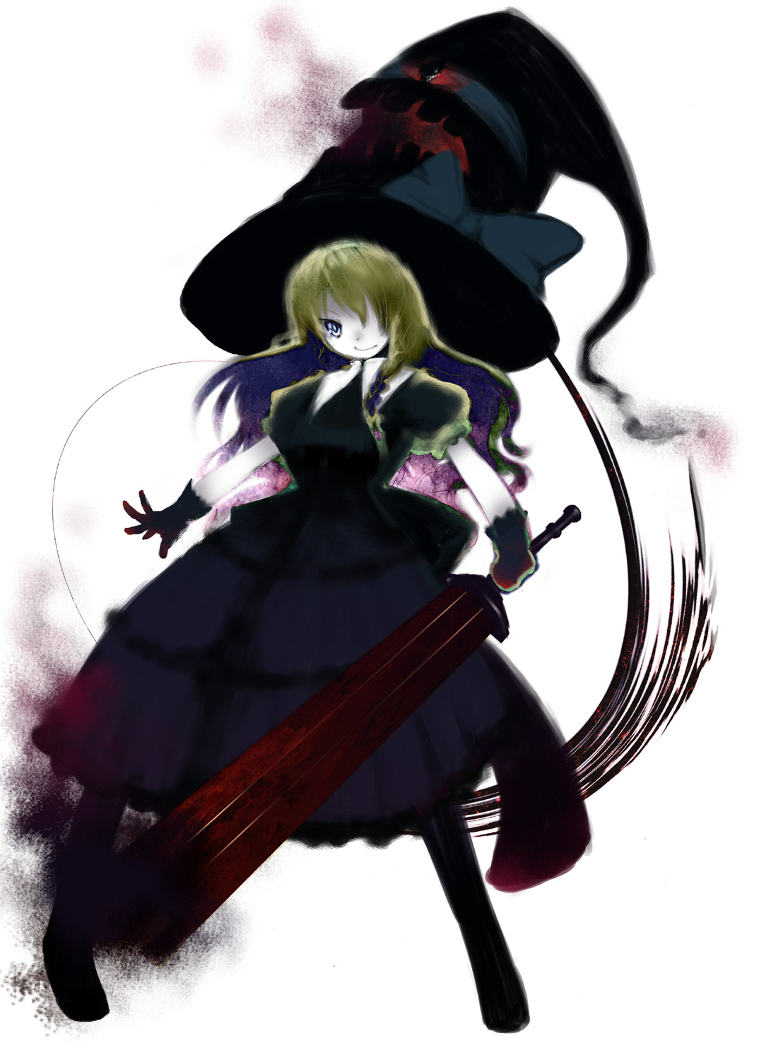 fujisaki hikari, kirisame marisa, touhou, highres, 1girl, blonde hair, braid, female focus, gloves, gradient background, hat, solo, sword, weapon, witch, witch hat