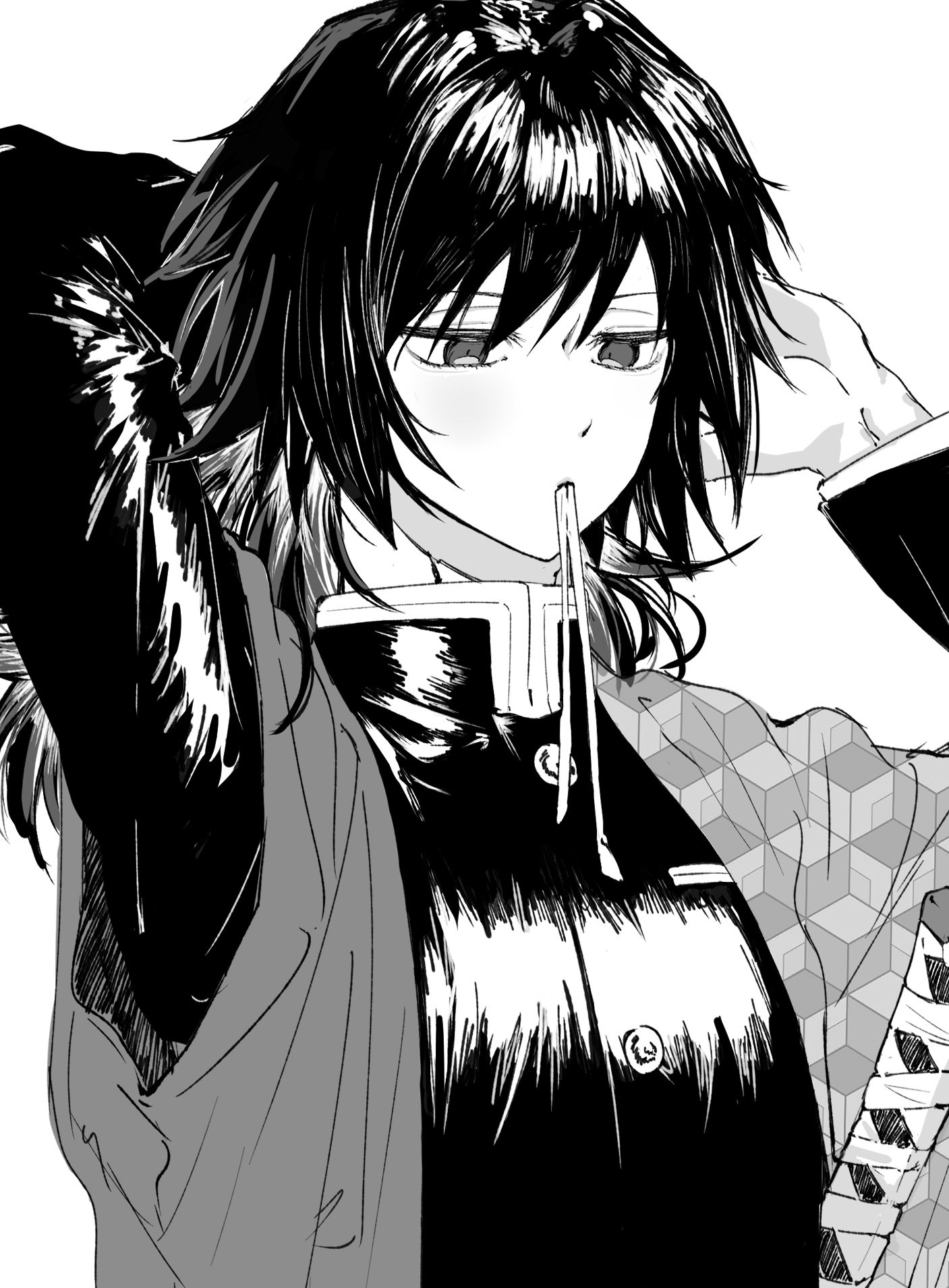 tomioka giyuu, kimetsu no yaiba, highres, 1boy, black hair, black jacket, buttons, demon slayer uniform, greyscale, hair tie in mouth, haori, jacket, japanese clothes, katana, kikkoumon, male focus, monochrome, mouth hold, nem yamm, print haori, simple background, solo, spiked hair, sword, upper body, weapon, white background