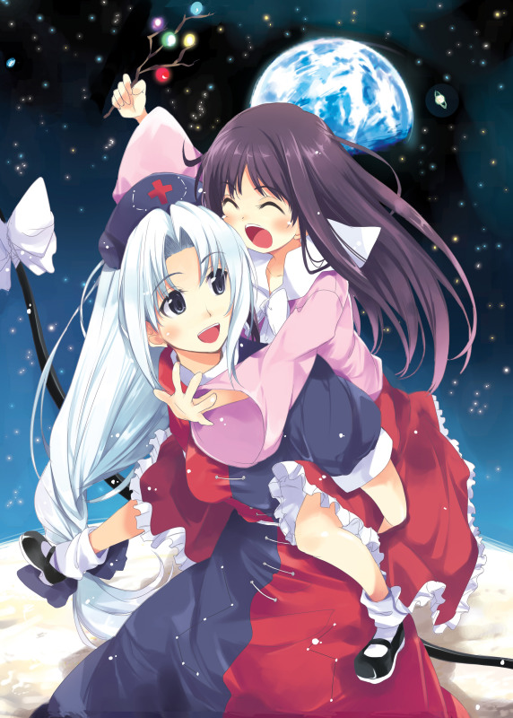 hamayumiba sou, houraisan kaguya, yagokoro eirin, touhou, bad id, bad pixiv id, 2girls, ^ ^, black hair, branch, carrying, closed eyes, earth (planet), female focus, hat, jeweled branch of hourai, long hair, moon, multiple girls, piggyback, ribbon, white hair