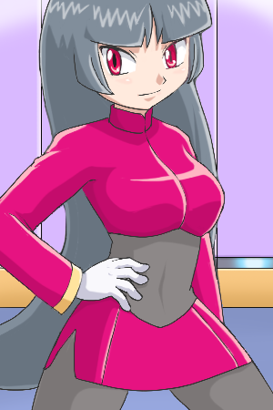 pokemoa, sabrina (pokemon), nintendo, pokemon, pokemon rgby, lowres, 1990s (style), 1girl, black bodysuit, black hair, bodysuit, cowboy shot, female focus, gym leader, leggings, long hair, pantyhose, pencil skirt, red eyes, retro artstyle, skirt, solo