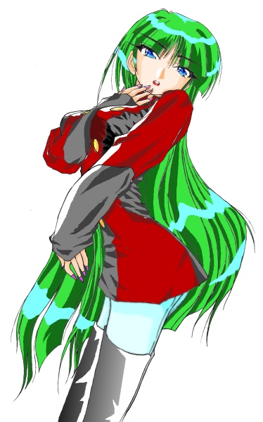 sabrina (pokemon), nintendo, pokemon, pokemon (anime), pokemon (classic anime), 1girl, between breasts, blue eyes, boots, breasts, female focus, green hair, gym leader, long hair, nail polish, pantyhose, pink nails, simple background, solo, thigh boots, thighhighs, white background