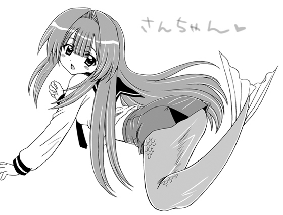 aoyama reo, seto sun, seto no hanayome, translation request, 00s, 1girl, :<, :o, bent over, blush, character name, female focus, fins, fish tail, from side, greyscale, long hair, looking back, mermaid, mermaid tail, mermaid transformation, midriff, monochrome, monster girl, open mouth, scales, school uniform, serafuku, skirt, solo, tail, very long hair