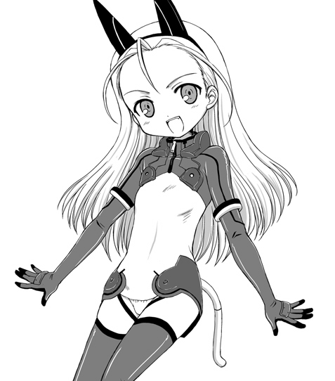 aoyama reo, elise von dietrich, sky girls, pilot suit, 00s, 1girl, :d, ahoge, animal ears, antenna hair, blush, bodysuit, cat ears, cat tail, cowboy shot, fake animal ears, female focus, flat chest, gloves, greyscale, hairband, happy, head tilt, leotard, long hair, mecha pilot suit, monochrome, motion slit, motionslit, open mouth, simple background, smile, solo, tail, thighhighs, turtleneck, zettai ryouiki, zipper