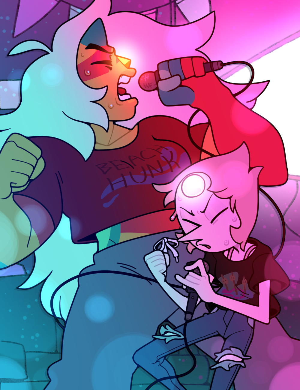 discount-supervillain, jasper (steven universe), pearl (steven universe), adventure time, steven universe, highres, 2girls, alternate costume, breasts, casual, closed eyes, colored skin, forehead jewel, gem, glowing gem, holding, jasper (post-corruption) (steven universe), jasper (species) (steven universe), long hair, microphone, multiple girls, open mouth, pale skin, pearl (gemstone), pearl (species) (steven universe), pink hair, pointy nose, shirt, short hair, steven universe: future, sweat