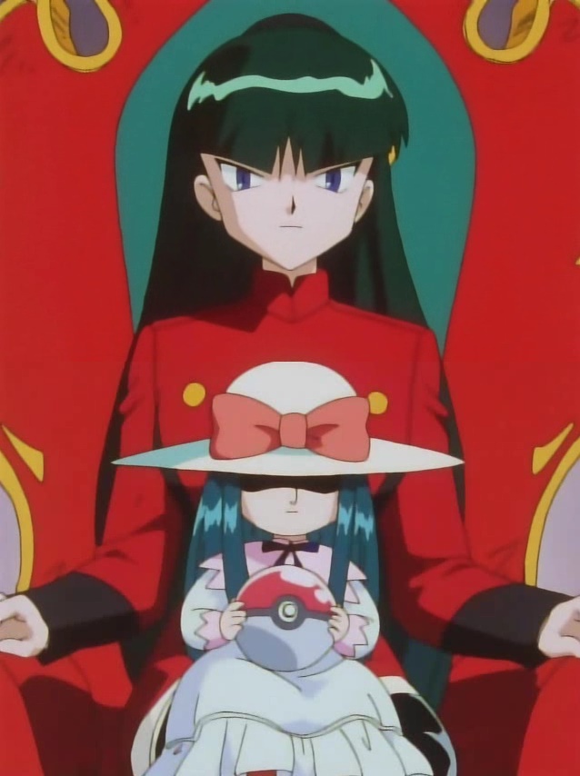 sabrina's doll, sabrina (pokemon), nintendo, pokemon, pokemon (anime), pokemon (classic anime), anime screenshot, stitched, third-party edit, 1girl, doll, green hair, gym leader, holding, holding poke ball, long hair, poke ball, poke ball (basic), purple eyes