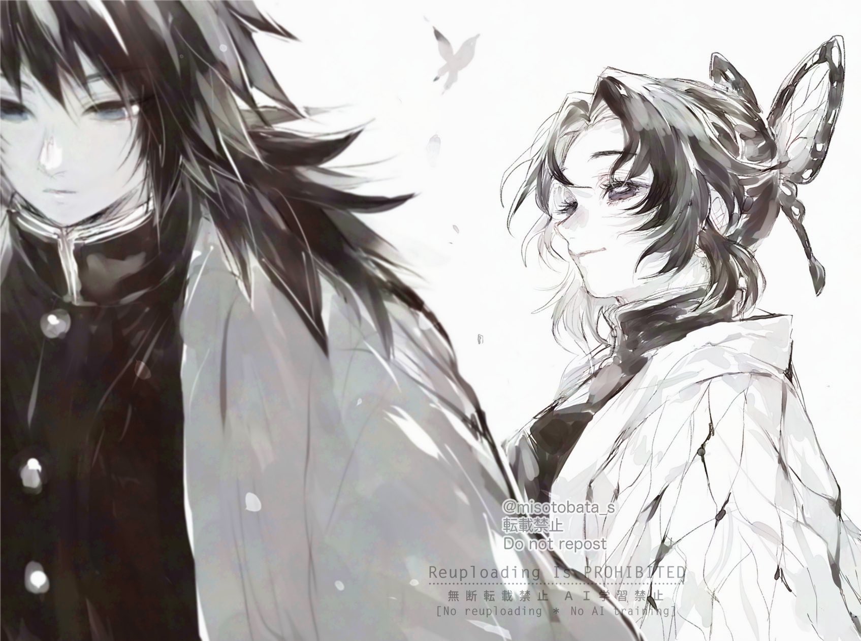 yarakuru, kochou shinobu, tomioka giyuu, kimetsu no yaiba, commentary request, highres, 1boy, 1girl, bug, butterfly, butterfly hair ornament, closed mouth, expressionless, greyscale, hair ornament, haori, insect, japanese clothes, long hair, looking at another, monochrome, short hair, sidelocks, simple background, twitter username, watermark, white background