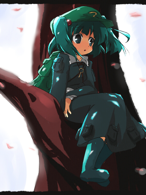 oka (bananashoe), kawashiro nitori, touhou, 1girl, backlighting, bag, blue eyes, blue hair, cherry blossoms, female focus, hair bobbles, hair ornament, hat, in tree, matching hair/eyes, short hair, sitting, sitting in tree, solo, tree, two side up