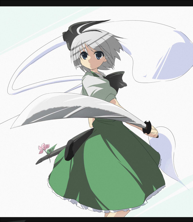 oka (bananashoe), konpaku youmu, konpaku youmu (ghost), touhou, silver hair, 1girl, blue eyes, female focus, flower, ghost, hair ribbon, hairband, hitodama, katana, ribbon, short hair, solo, sword, weapon