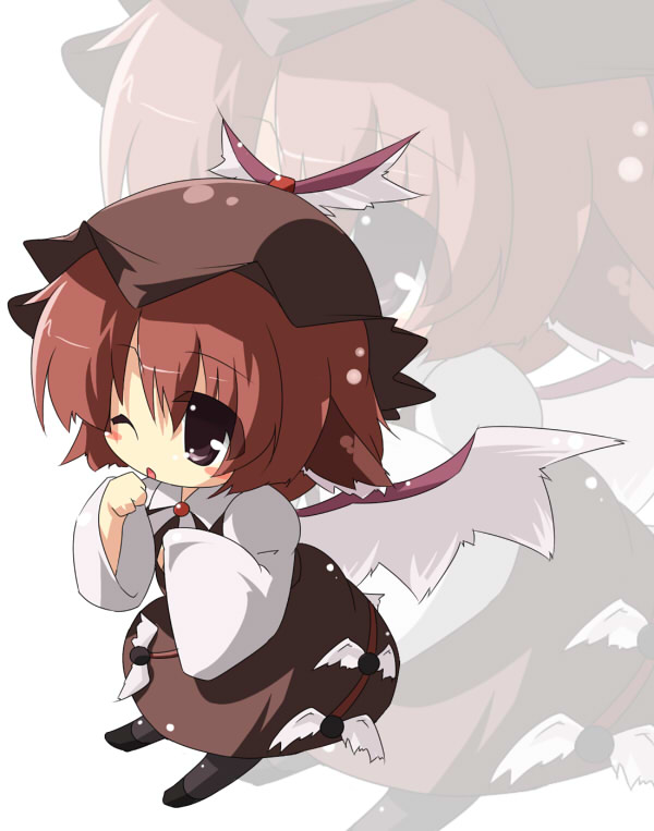oka (bananashoe), mystia lorelei, touhou, 1girl, chibi, female focus, full body, hat, red hair, short hair, solo, white background, wings, wink, zoom layer