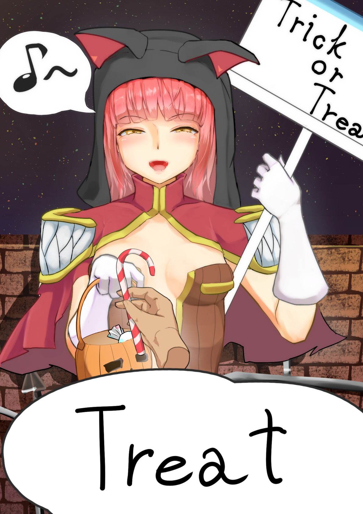 creator (ragnarok online), ragnarok online, commentary request, highres, variant set, 1boy, 1girl, animal hood, blunt bangs, blush, breasts, brick wall, brown dress, candy, candy cane, cape, cat hood, dress, english text, food, gloves, halloween, halloween bucket, hinatitayu, holding, holding sign, hood, long hair, looking at viewer, medium breasts, musical note, open mouth, pink hair, plunging neckline, red cape, sign, sky, smile, solo focus, spoken musical note, star (sky), starry sky, strapless, strapless dress, trick or treat, upper body, white gloves, wrapped candy, yellow eyes