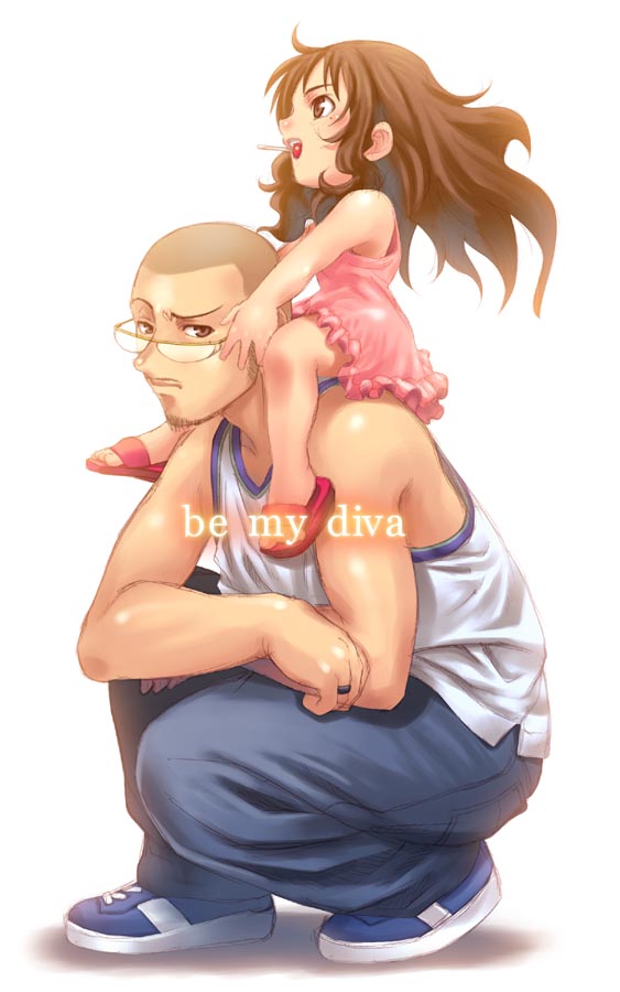 chiba toshirou, 1boy, 1girl, brown hair, buzz cut, candy, carrying, child, food, glasses, lollipop, short hair, shoulder carry, very short hair