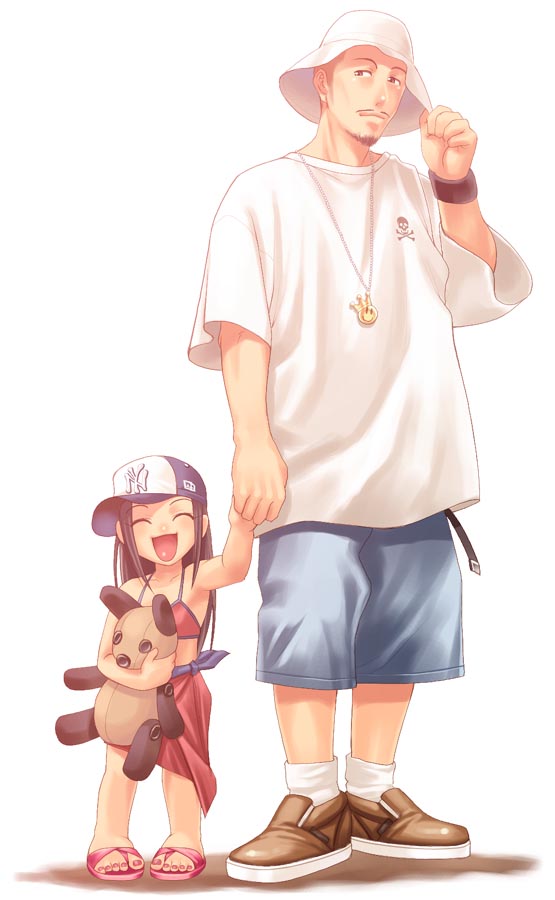chiba toshirou, bald, baseball cap, bikini, black hair, bucket hat, casual, child, closed eyes, hat, sandals, smile, stuffed animal, stuffed toy, swimsuit, teddy bear