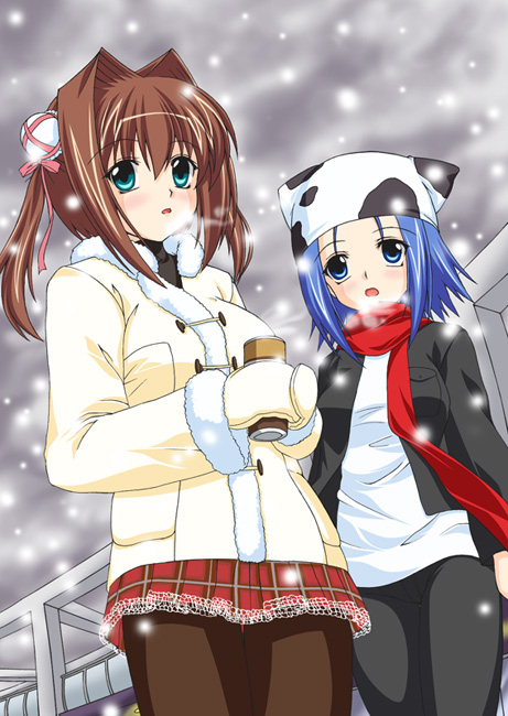 kirisawa tokito, amakase minatsu, asakura yume, da capo, da capo ii, brown legwear, 00s, 2girls, animal print, aqua eyes, blue eyes, blue hair, breath, brown hair, bun cover, can, coat, cow print, double bun, green eyes, hair bun, hat, miniskirt, mittens, multiple girls, outdoors, pants, pantyhose, red scarf, scarf, skirt, snow, snowing, winter clothes, winter coat