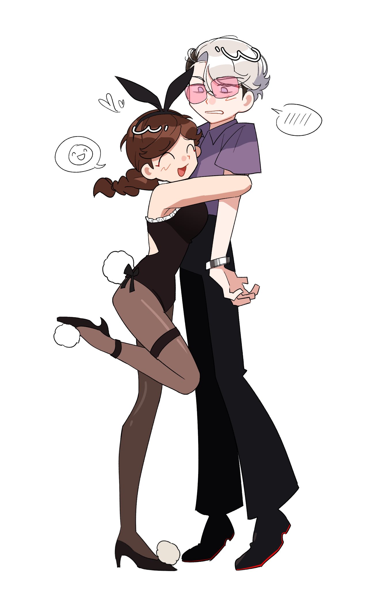 penthepen jt, bunny bunny (reverse:1999), pavia (reverse:1999), reverse:1999, highres, 1boy, 1girl, ^ ^, animal ears, arms around waist, black leotard, black pants, black pantyhose, black shoes, braid, brown hair, clenched teeth, closed eyes, fake animal ears, from side, full body, heart, high heels, hug, leg up, leotard, long hair, open mouth, pants, pantyhose, pink-tinted eyewear, playboy bunny, pom pom footwear, purple shirt, rabbit tail, shirt, shoes, short hair, short sleeves, single braid, smile, speech bubble, spoken blush, spoken emoji, standing, standing on one leg, strapless, strapless leotard, sunglasses, tail, teeth, thigh strap, tinted eyewear, white background