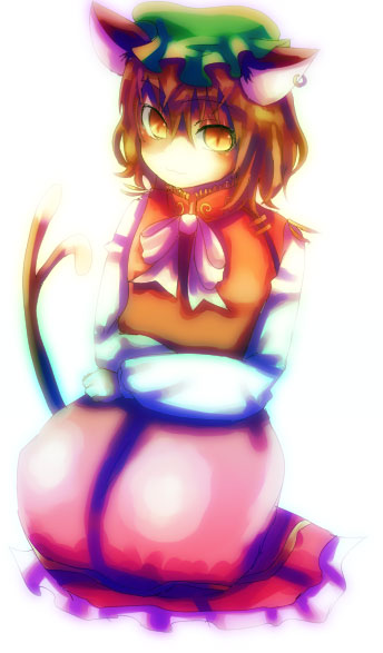 culotte (hosenrock), watari tanikiri, chen, touhou, bad id, bad pixiv id, 1girl, animal ears, cat ears, cat girl, cat tail, china dress, chinese clothes, dress, earrings, female focus, hat, jewelry, short hair, solo, tail, yellow eyes