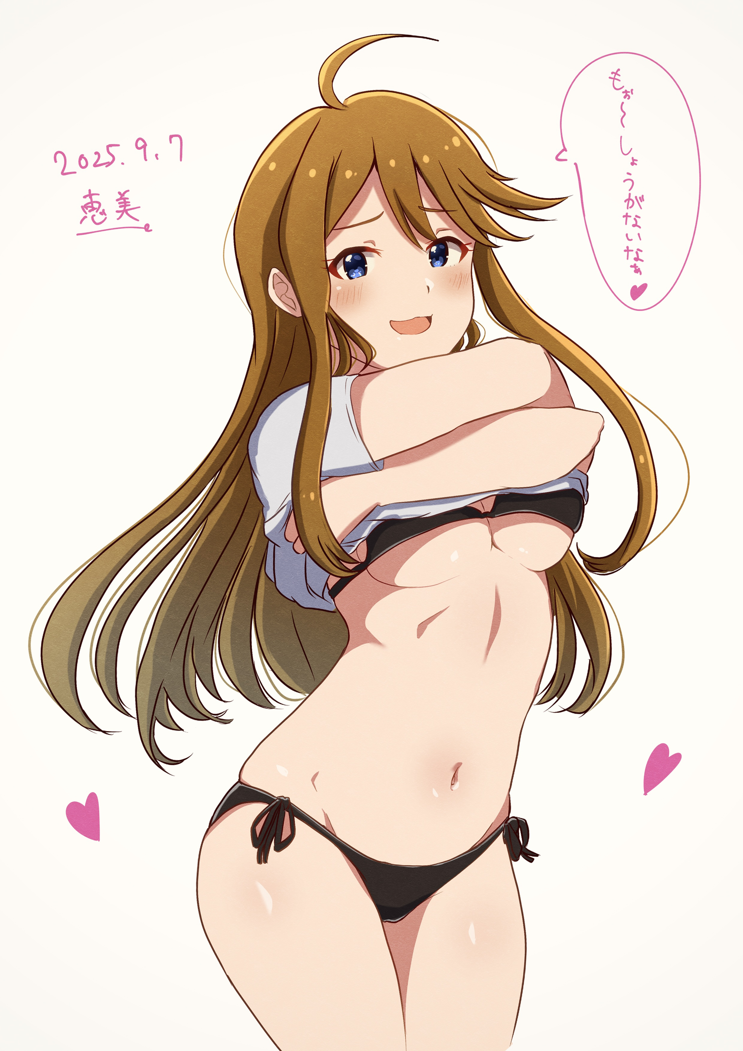natsuki p, tokoro megumi, idolmaster, idolmaster million live!, absurdres, commentary request, highres, translation request, 1girl, ahoge, bikini, black bikini, blue eyes, blush, breasts, brown hair, cowboy shot, dated, heart, long hair, looking at viewer, navel, open mouth, shirt, short sleeves, side-tie bikini bottom, simple background, solo, speech bubble, standing, swimsuit, undressing, white background, white shirt