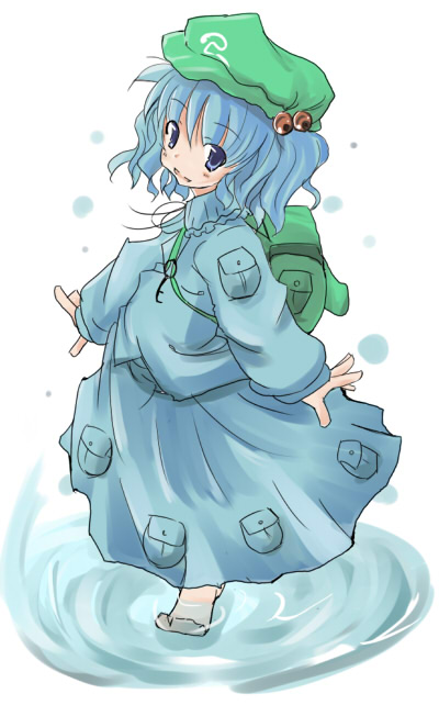 narakashiwa, kawashiro nitori, touhou, 1girl, bag, blue hair, female focus, hair bobbles, hair ornament, hat, short hair, solo, two side up, water