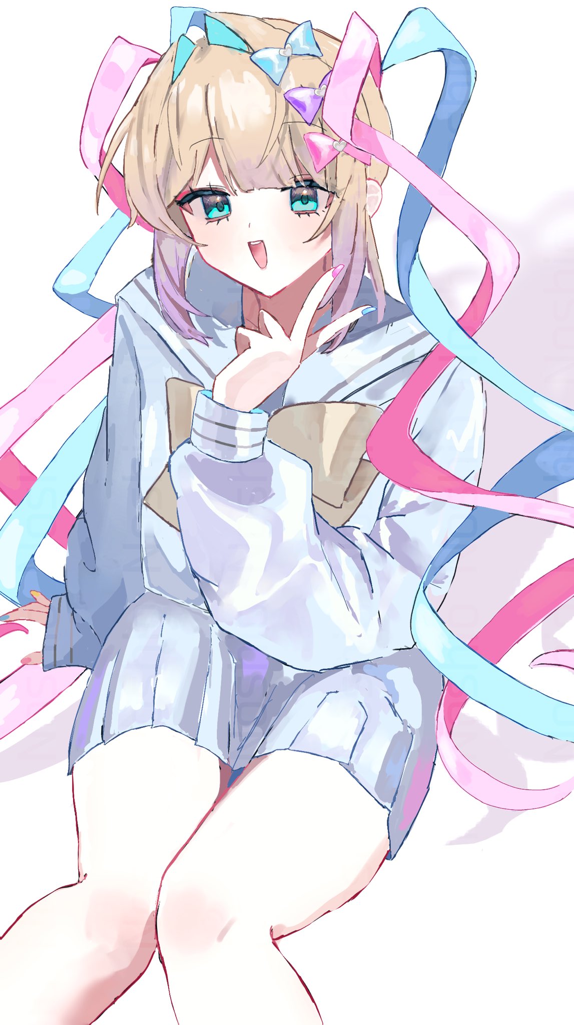 nakataa 7, chouzetsusaikawa tenshi-chan, needy girl overdose, highres, 1girl, :d, blonde hair, blue eyes, blue hair, blue serafuku, blunt bangs, bow, chest bow, colored tips, feet out of frame, hair bow, hand up, knees together feet apart, looking at viewer, multicolored hair, multiple hair bows, open mouth, pink hair, quad tails, school uniform, serafuku, sidelocks, sitting, smile, solo, v