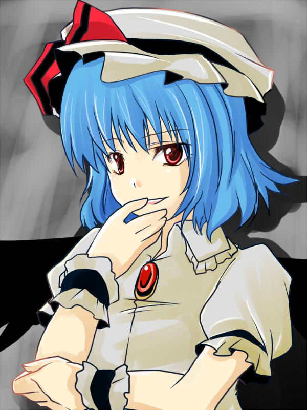 ruku (alicecreation), remilia scarlet, touhou, bad id, bad pixiv id, 1girl, blue hair, female focus, hat, ribbon, solo, upper body, wings