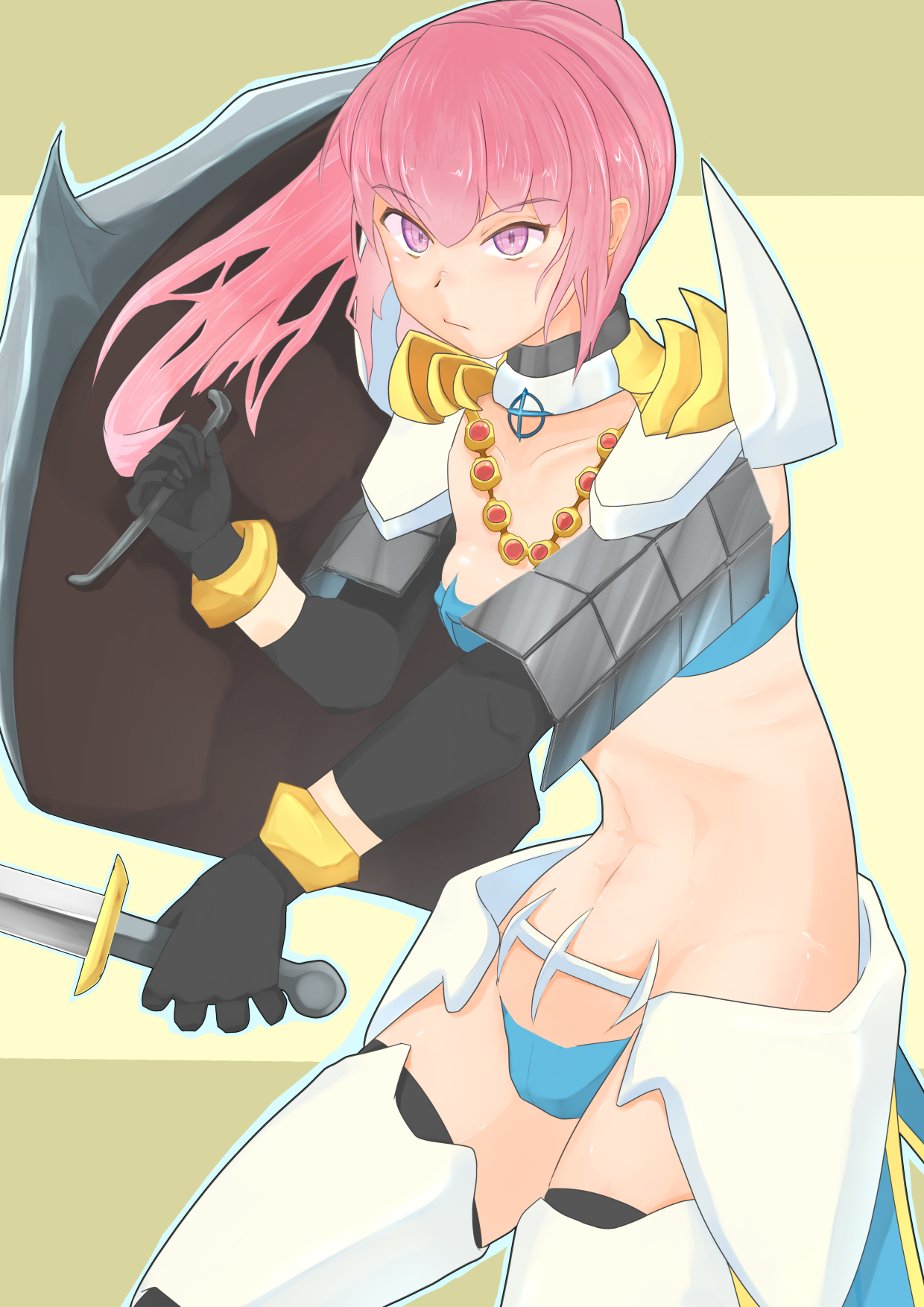 royal guard (ragnarok online), ragnarok online, commentary request, highres, 1girl, armor, bikini armor, black gloves, black thighhighs, blush, breasts, cowboy shot, faulds, gloves, high ponytail, hinatitayu, holding, holding shield, holding sword, holding weapon, jewelry, long hair, looking at viewer, necklace, pauldrons, pink eyes, pink hair, ponytail, shield, shoulder armor, small breasts, solo, sword, thighhighs, two-tone background, weapon, yellow background