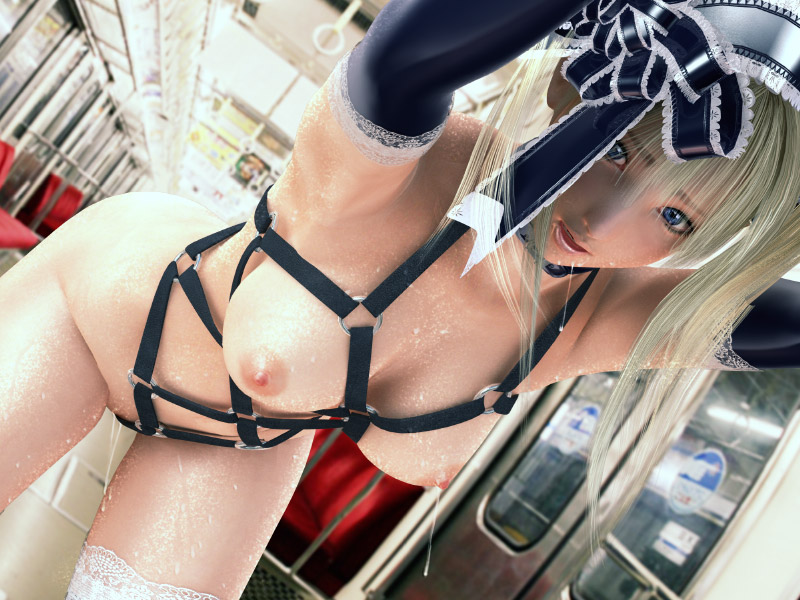 incise soul, m-rs, rukia (incise soul), 1girl, 3d, bdsm, bent over, blonde hair, blue eyes, bondage, bound, breasts, cum, elbow gloves, female focus, gloves, harness, large breasts, nipples, nude, public indecency, public nudity, ribbon, solo, subway, sweat, thighhighs, train, train interior