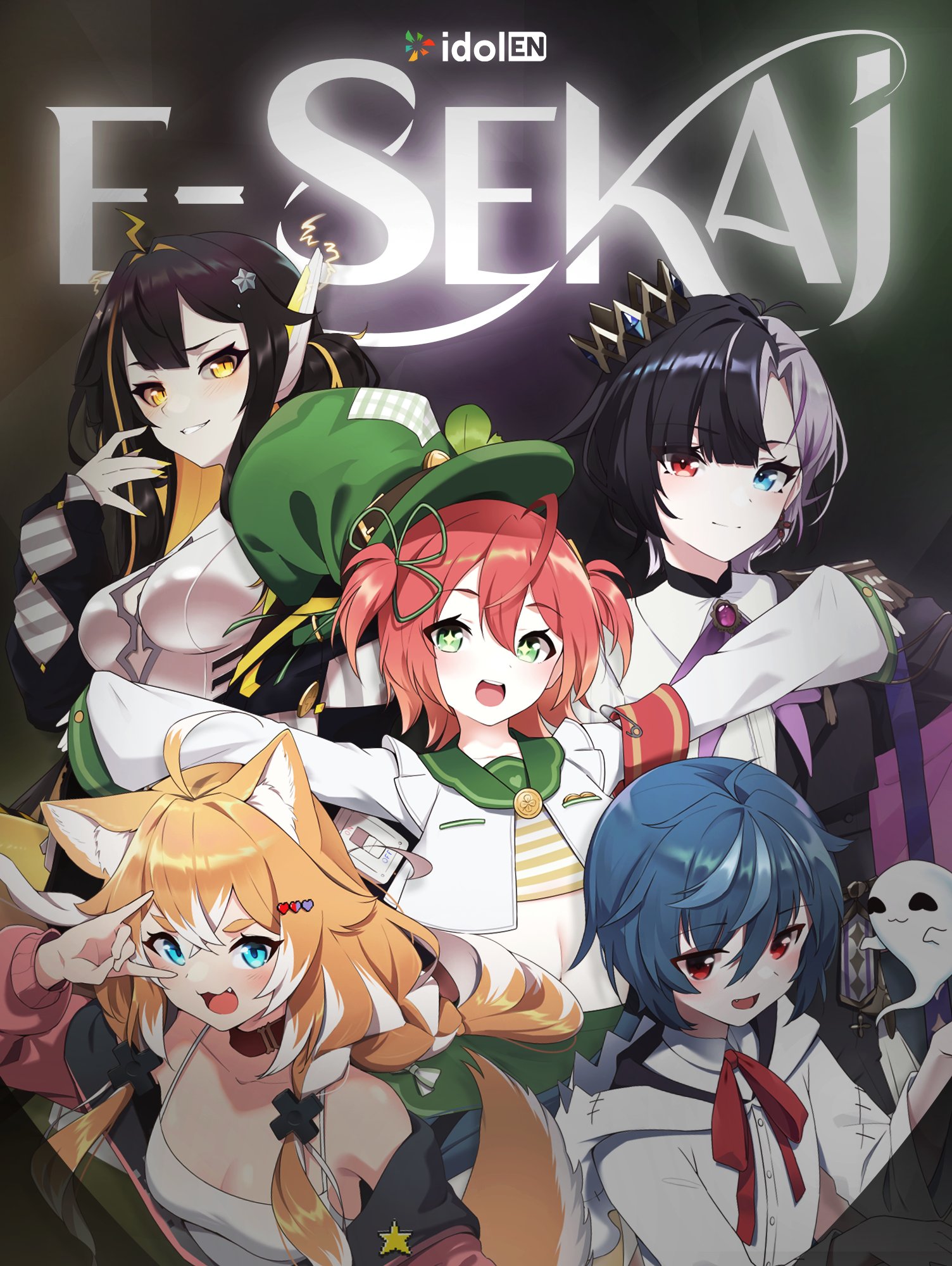fuyo cloverfield, juna unagi, juna unagi (1st costume), pochi wanmaru, pochi wanmaru (pochi 1.0), rin penrose, yuko yurei, chromashift, artist request, commentary, english commentary, highres, official art, + +, 5girls, :3, animal ears, aqua eyes, bare shoulders, black hair, blonde hair, blue hair, blush, breasts, closed mouth, coin, collar, copyright logo, copyright name, crown, dog ears, dog girl, electricity, eyelashes, fang, ghost, green eyes, green hat, hair ornament, hat, heart, heart hair ornament, heterochromia, hood, hood down, lightning ahoge, long hair, midriff, multicolored hair, multiple girls, nail polish, navel, neck ribbon, off shoulder, open mouth, orange hair, outstretched arms, purple hair, red eyes, red ribbon, ribbon, safety pin, short hair, short twintails, sleeves past wrists, smile, split-color hair, spread arms, star (symbol), teeth, top hat, twintails, two-tone hair, upper teeth only, virtual youtuber, white hair, yellow eyes, yellow nails