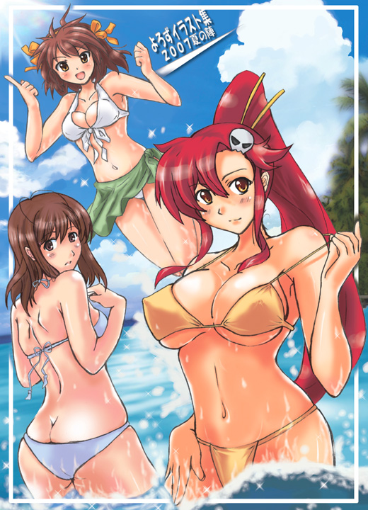 shimozuki hokouei, hoshino yuumi, suzumiya haruhi, yoko littner, kimi kiss, suzumiya haruhi no yuuutsu, tengen toppa gurren lagann, 00s, 3girls, ass, back, bikini, blush, brown eyes, brown hair, butt crack, crossover, day, jumping, long hair, multiple girls, ocean, red hair, swimsuit, wet, white bikini, yellow bikini, yellow eyes