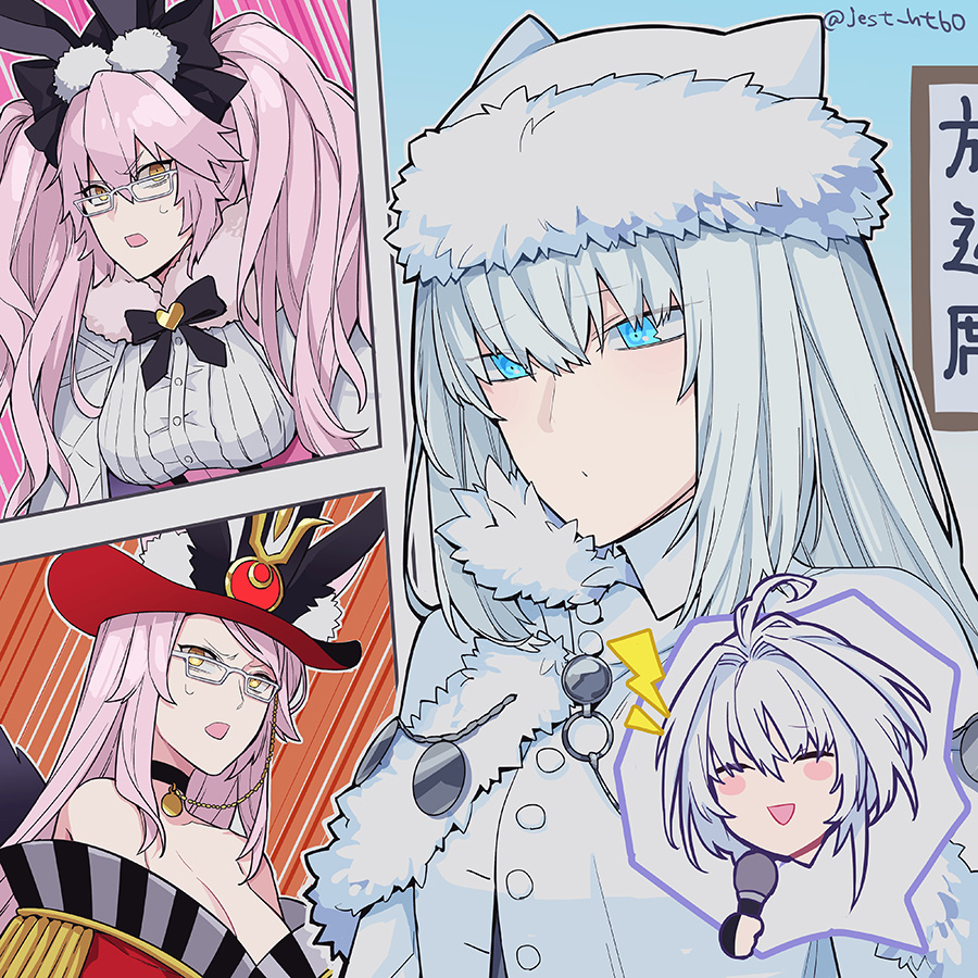 jest ht90, dobrynya nikitich (fate), dobrynya nikitich (first ascension) (fate), koyanskaya (assassin) (second ascension) (fate), koyanskaya (fate), koyanskaya (foreigner) (second ascension) (fate), merlin (fate/prototype), fate/grand order, fate (series), ahoge, bare shoulders, blue eyes, blush, breasts, cleavage, closed eyes, dress, glasses, hat, large breasts, long hair, microphone, pink hair, red hat, twintails, twitter username, white dress, white hair, yellow eyes