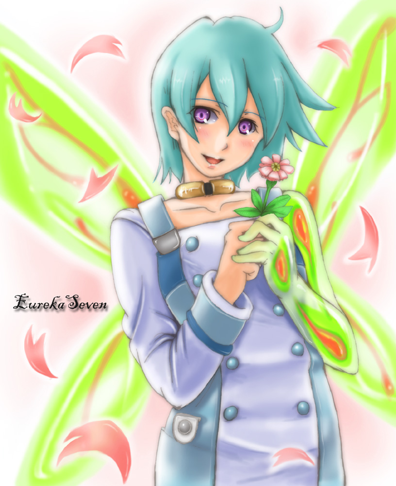 shimozuki hokouei, eureka (eureka seven), eureka seven, eureka seven (series), 00s, 1girl, ahoge, blue hair, female focus, flower, purple eyes, short hair, solo, wings